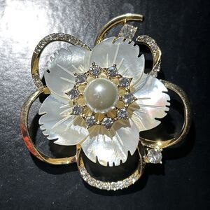 Anne Klein Flower Mother of Pearl Rhinestones & Faux Pearl Brooch Pin Gold Tone